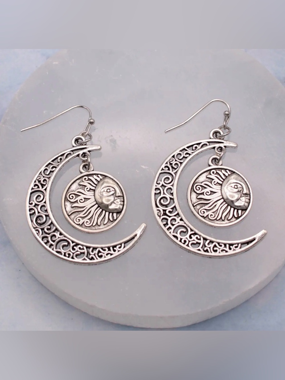 Silver Tone Moon & Sun Celestial Filigree Dangle Earrings